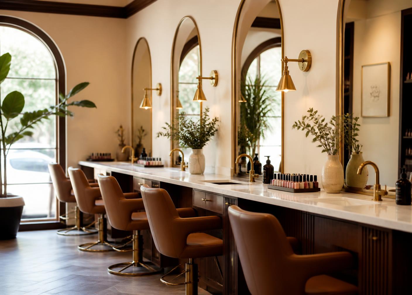 Inside Lucky Star: arched mirrors, brass lighting and leather chairs