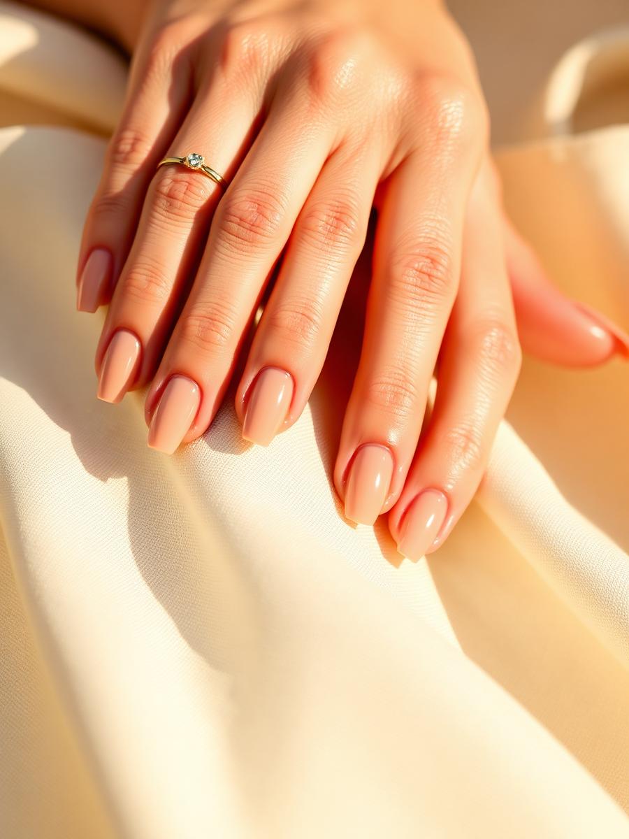 Glossy nude gel manicure on cream linen