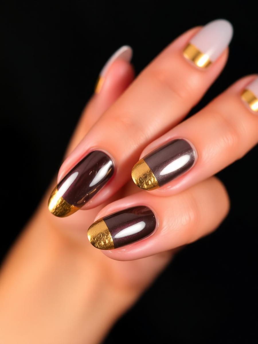 Gold-tipped chrome nail art on almond nails