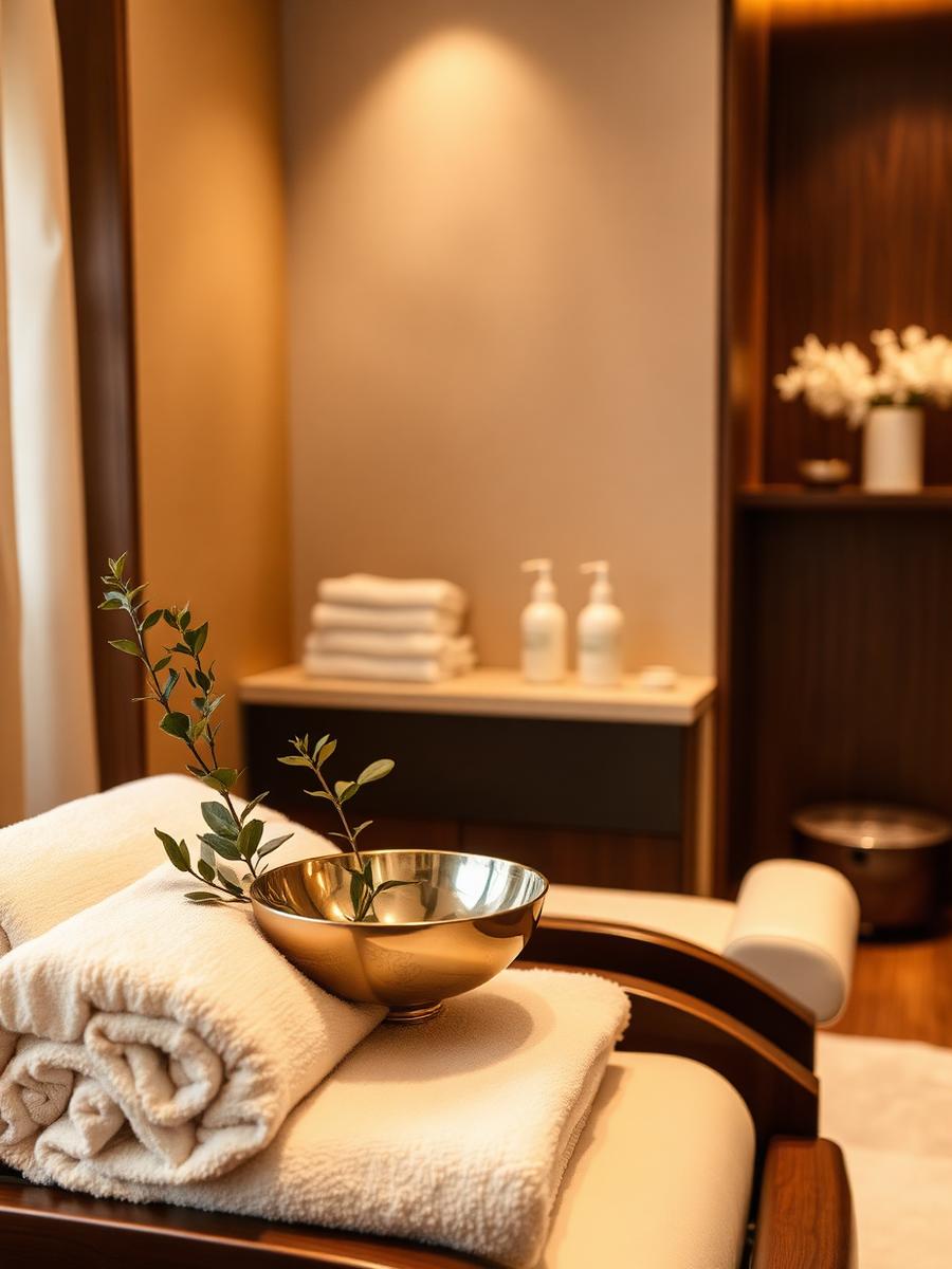 Luxury pedicure station with warm towels and brass bowl